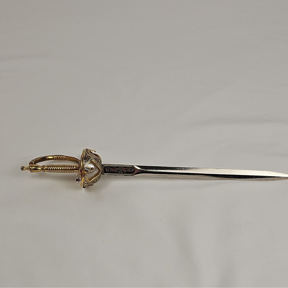 Vintage Spain Miniature Rapier Sword Letter Opener Cup Hilt Damascene Style